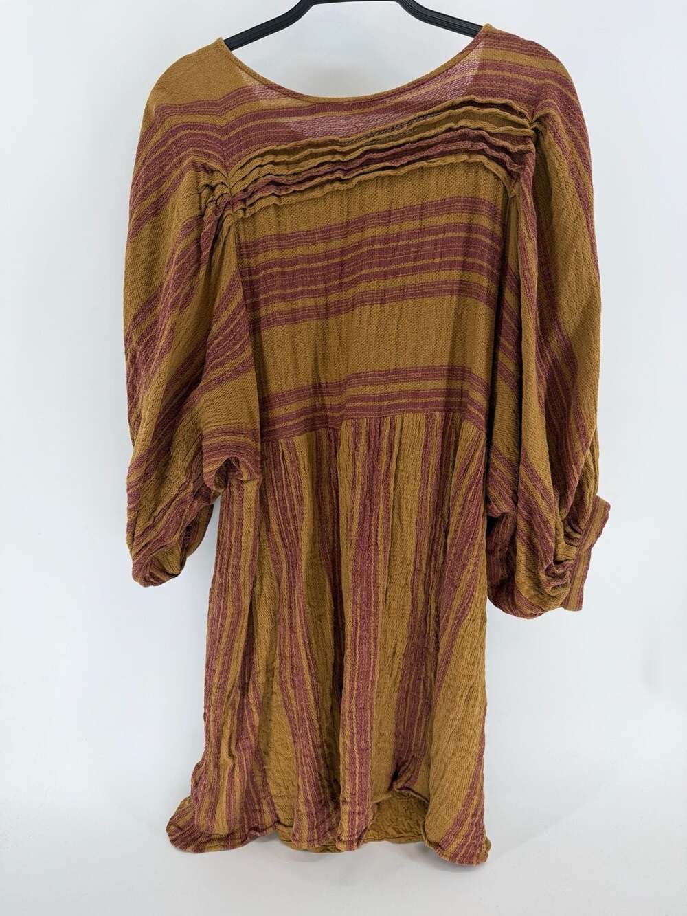 Free People Large Mustard Mauve Striped Boho Babydoll Dress Fal